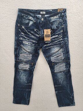 Gray Earth Men Moto Biker Jeans 34 NWT Acid Wash Distressed Rip Repair Zipper